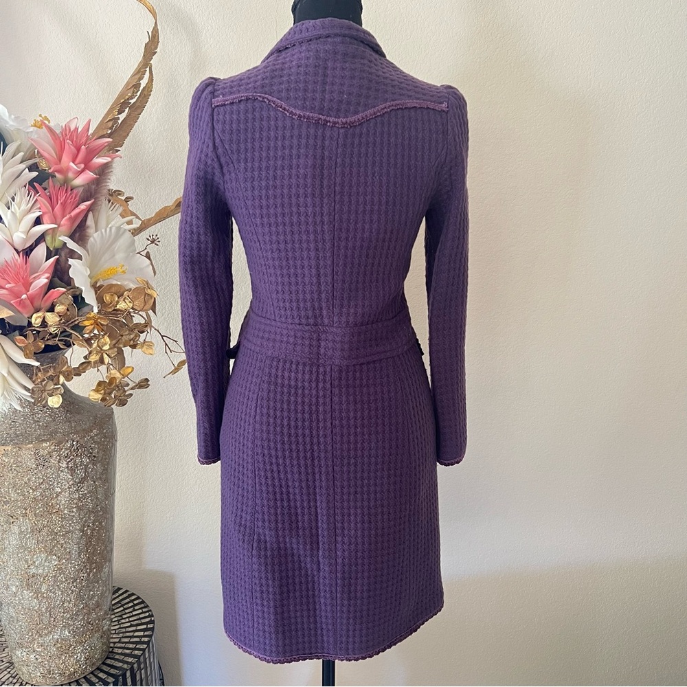 Purple Double Breasted Long Coat w Textured Waffle Knit Pattern Ornate Buttons - Picture 4 of 11